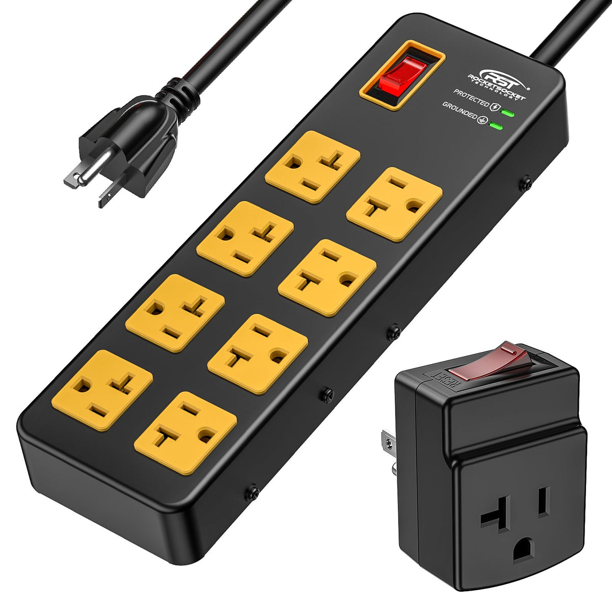 ETL Listed 20A Heavy Duty Metal Power Strip – 8-Outlet, 1960J Surge Protector, 12AWG 6FT Cord