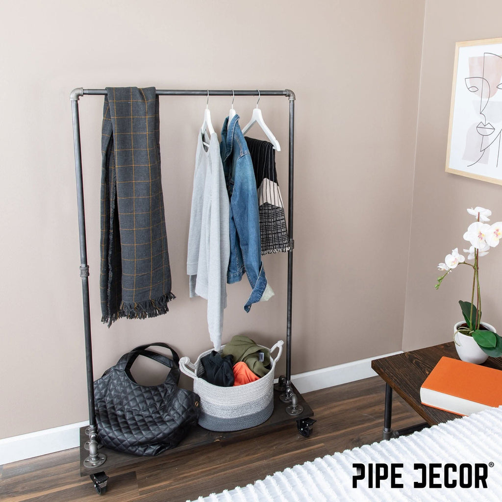 59 ½ in. Rolling Single Rod Clothing Rack with Wood Shelf, Boulder Black