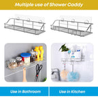 2 Pack Silver Adhesive Shower Caddy Shower Shelf Organizer for Bathroom Organization with Hooks SUS304 Stainless Steel