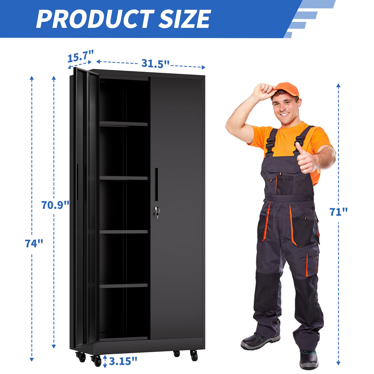 71"H Metal Garage Storage Cabinet with Wheels and Lock