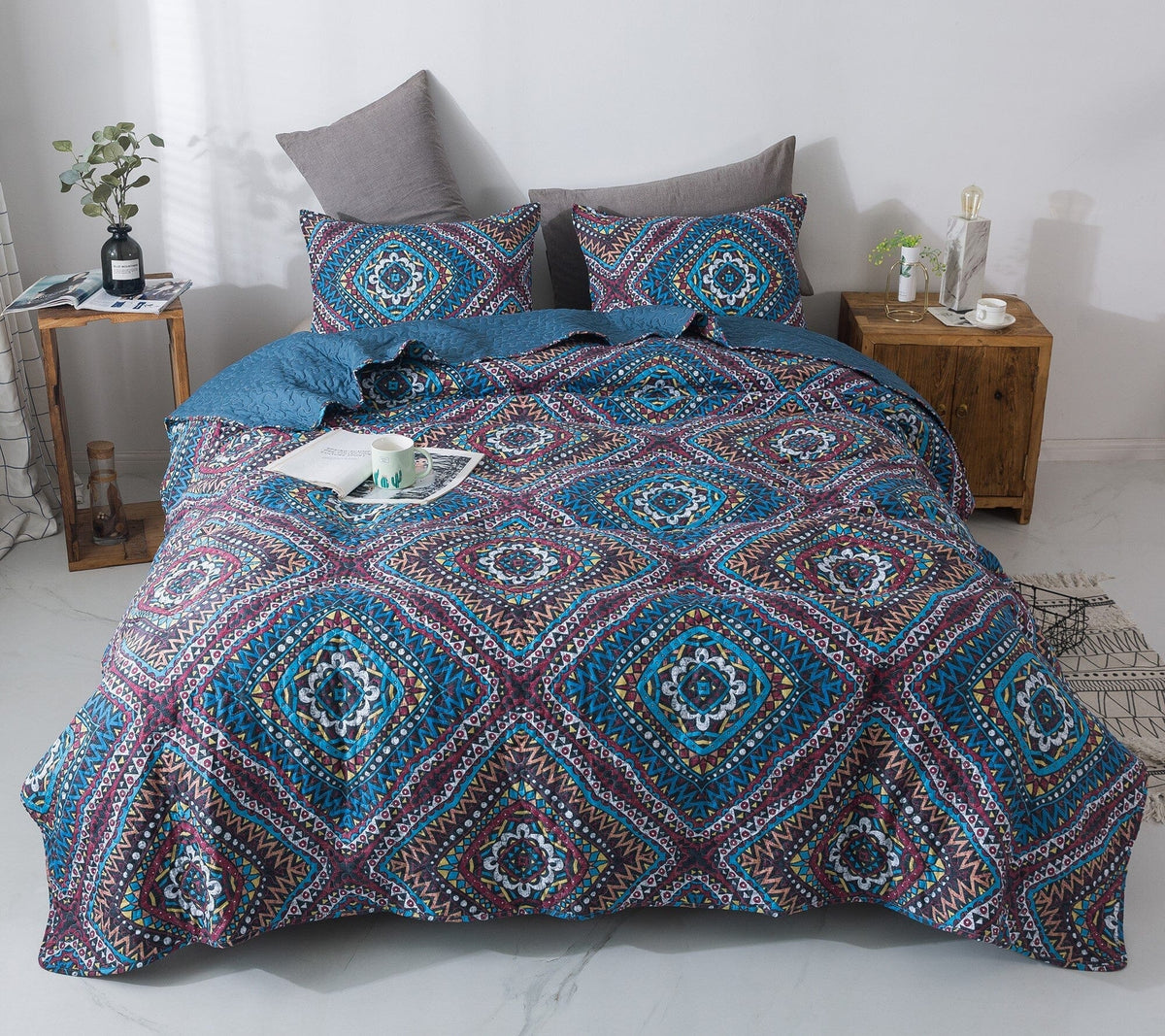 DaDa Bedding Farmhouse Bohemian Native Rustic Navy Blue Geometric Diamond Shapes Bedspread Set (KSX-001)