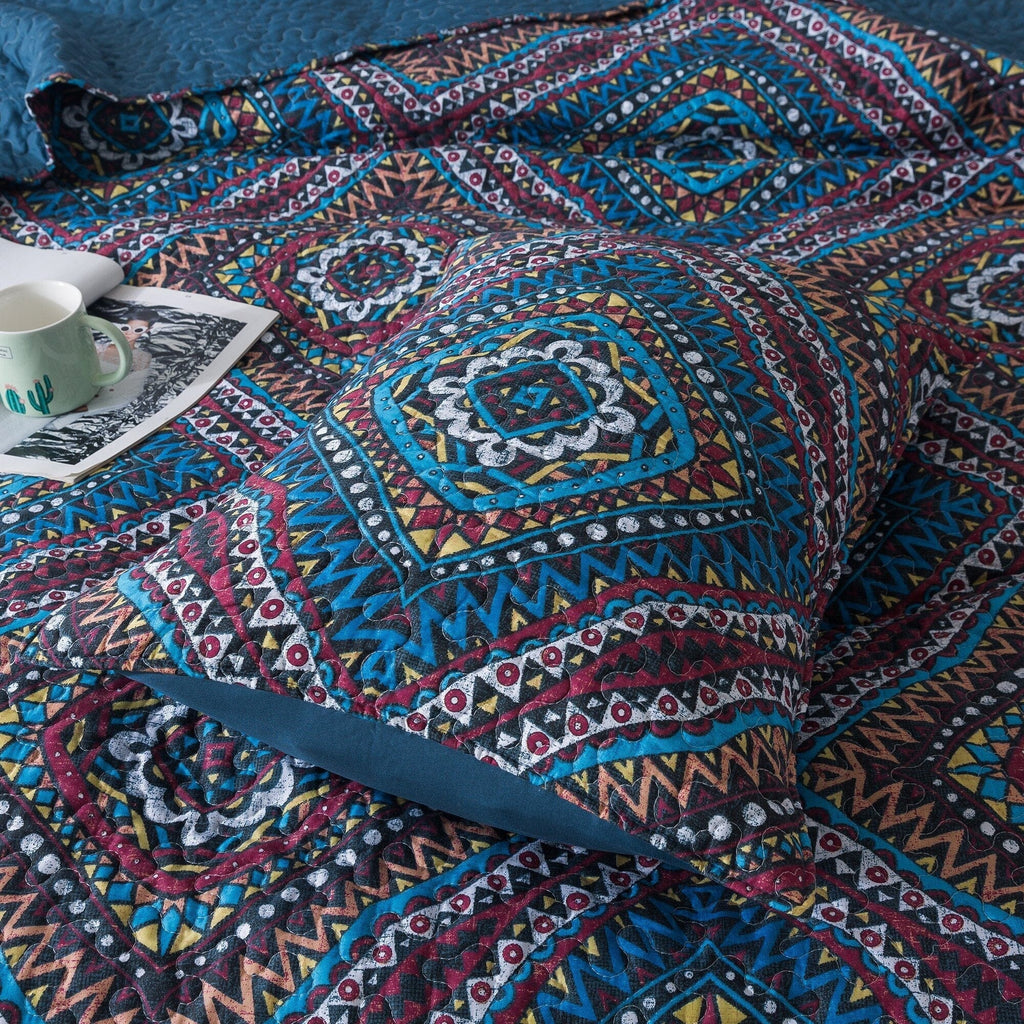 DaDa Bedding Farmhouse Bohemian Native Rustic Navy Blue Geometric Diamond Shapes Bedspread Set (KSX-001)