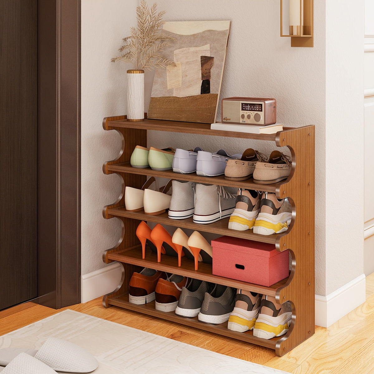 5/6 Tier Bamboo Shoe Rack Organizer Wooden Shelf Entryway Space Saving