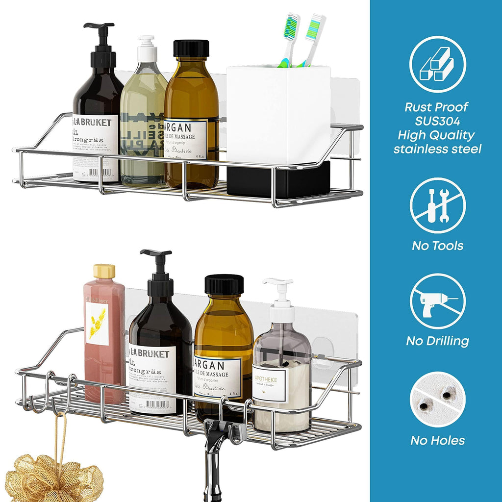 2 Pack Silver Adhesive Shower Caddy Shower Shelf Organizer for Bathroom Organization with Hooks SUS304 Stainless Steel