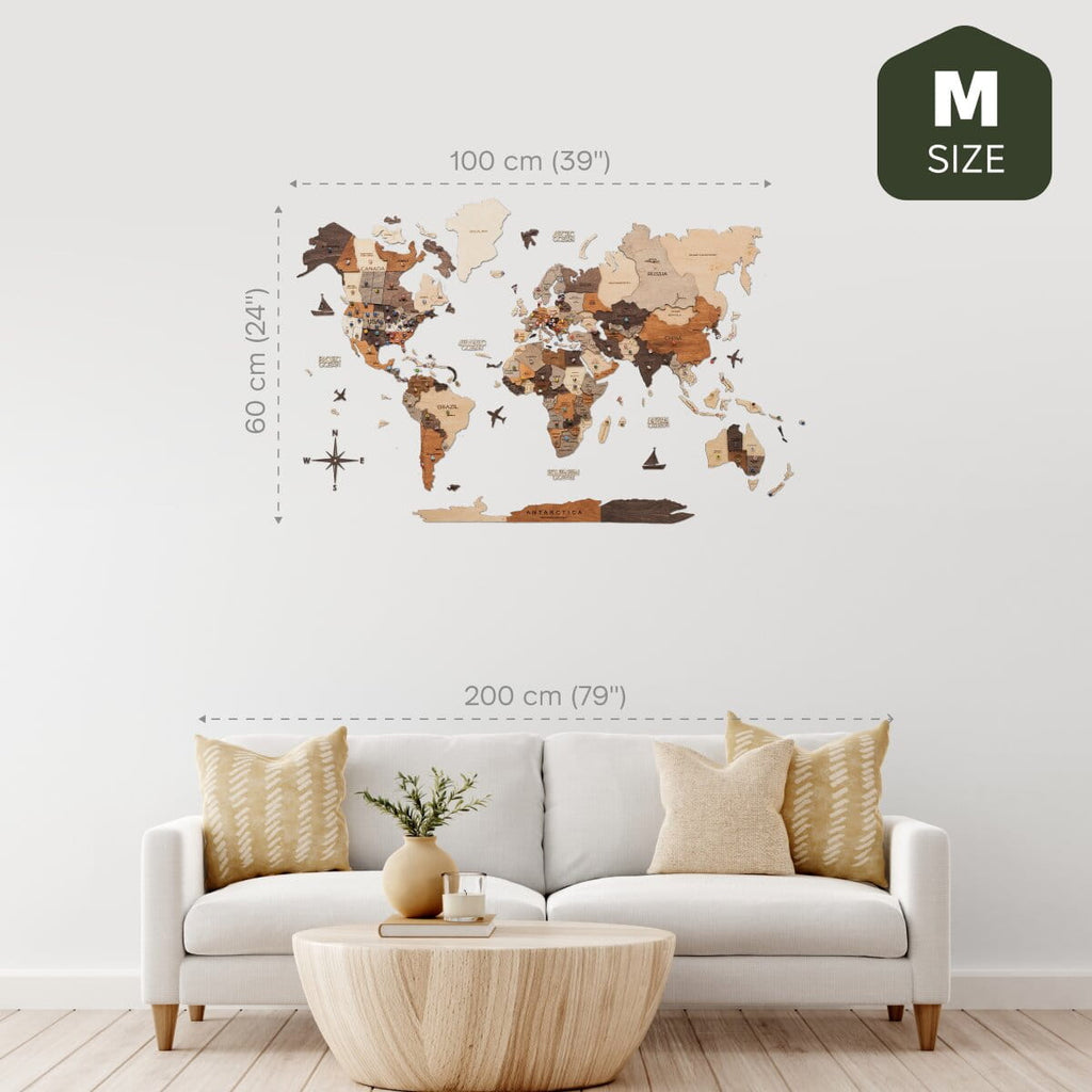 3D Wooden World Map Multicolor